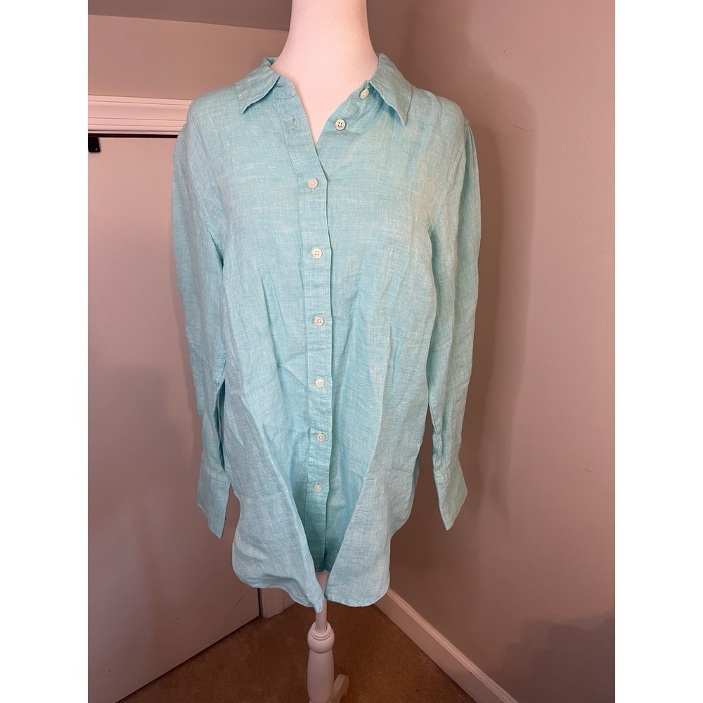 Talbots Linen Long Sleeve Teal Green Top Bottom Up Medium Summer